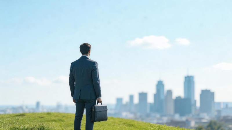 西装男子持公文包眺望城市天际线图片