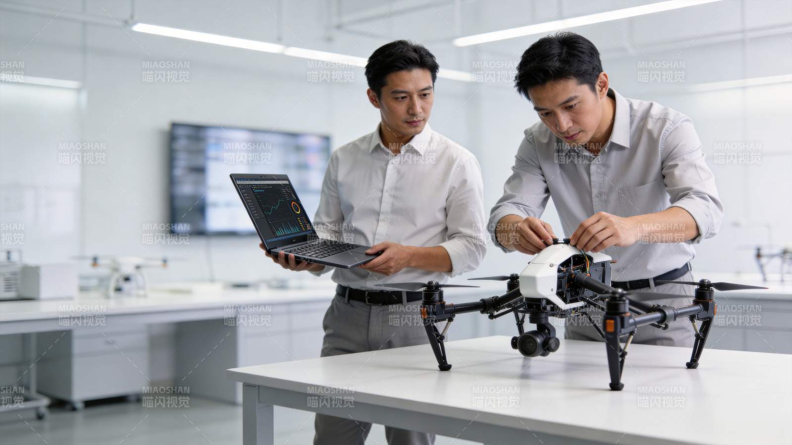 两名工程师在实验室调试无人机与笔记本图片