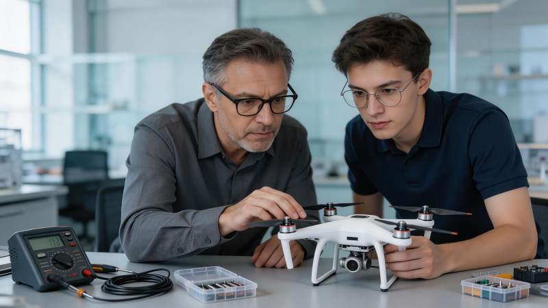 两位技术人员正在调试白色无人机设备图片