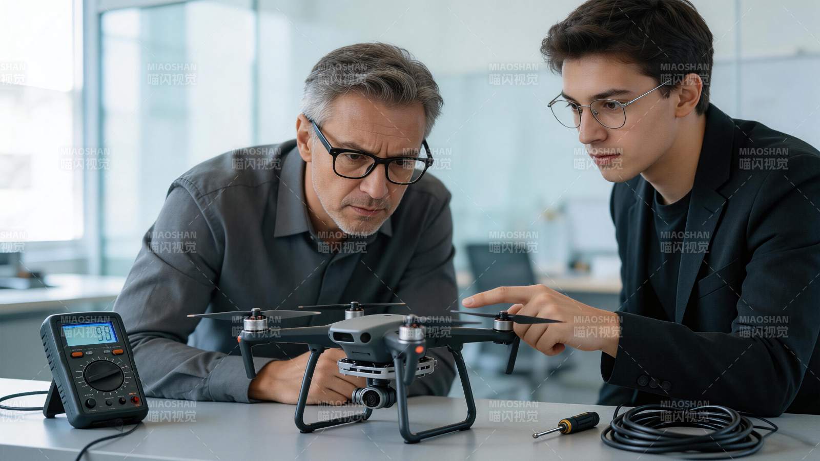 两位工程师在室内检查无人机设备图片
