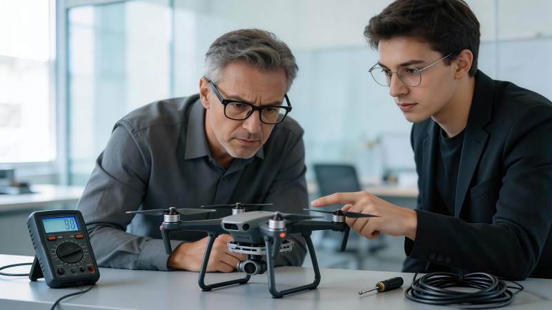 两位工程师在室内检查无人机设备图片