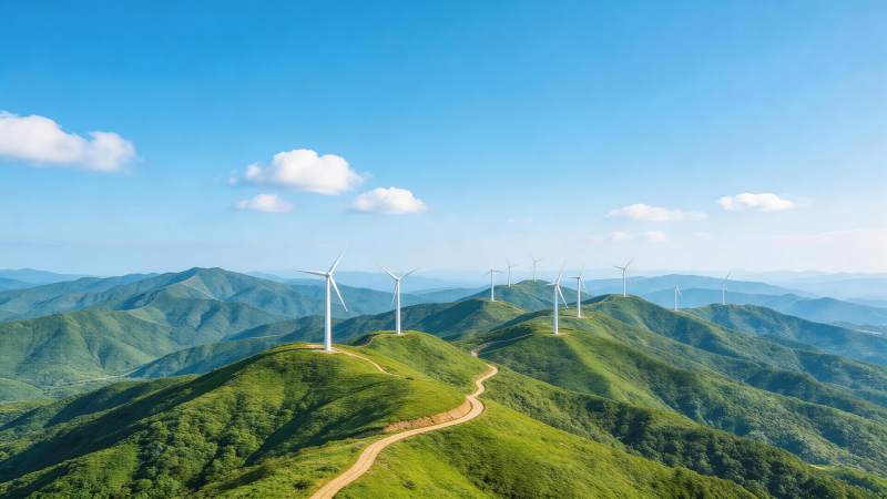 绿色山丘上排列的白色风力发电机群图片