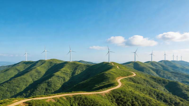 绿色山丘上排列的白色风力发电机群图片