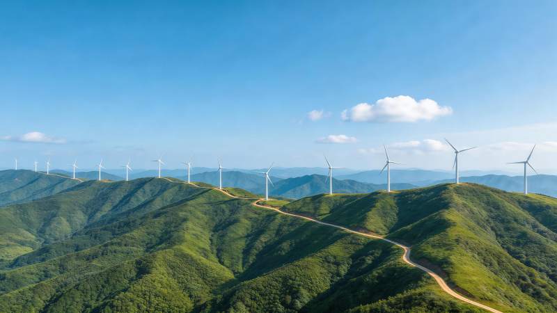 青山连绵山脊线上排列多座白色风力发电机图片