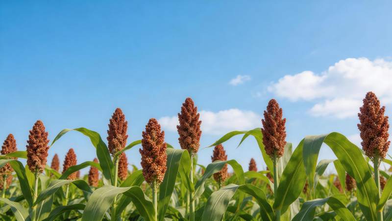 高粱田在晴朗蓝天下的成熟景象图片