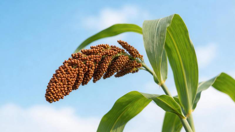 高粱穗在蓝天下的特写镜头图片