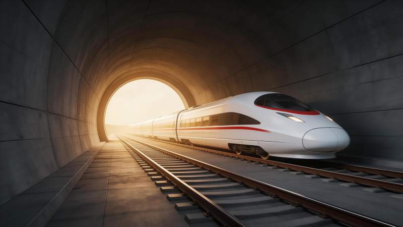 高速列车驶出隧道迎着光亮前行图片