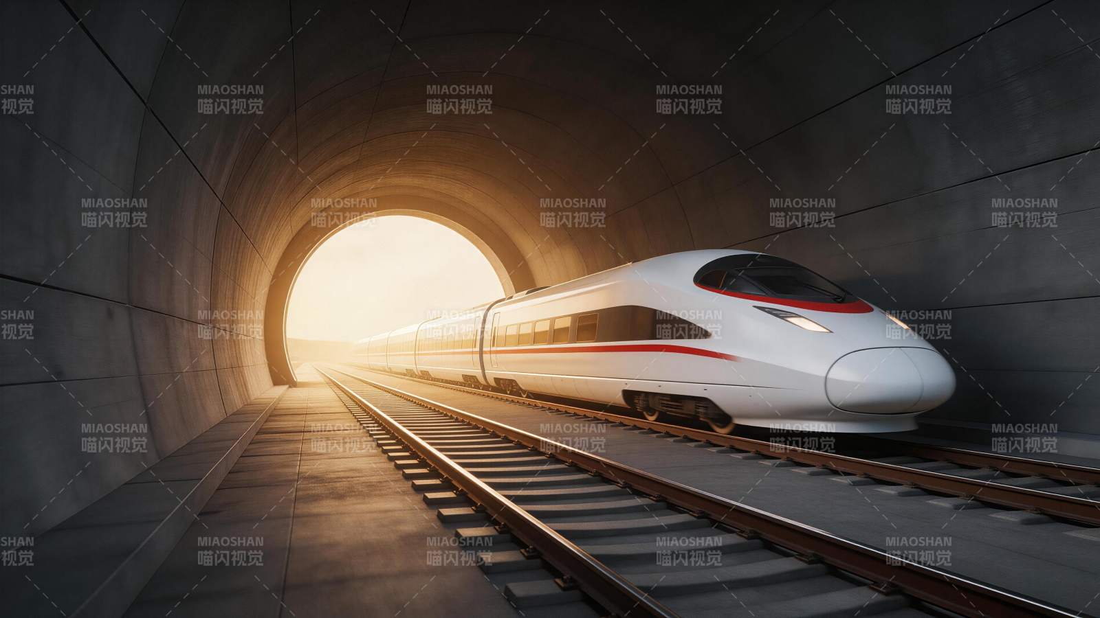 高速列车驶出隧道迎着光亮前行图片