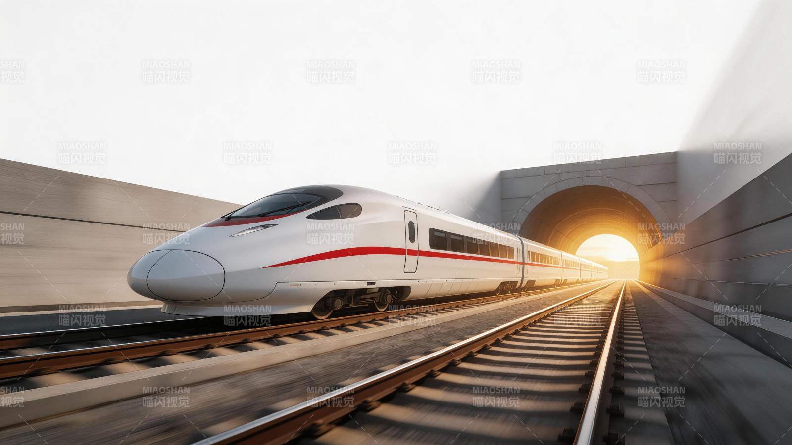 白色高铁列车驶出隧道沐浴阳光图片