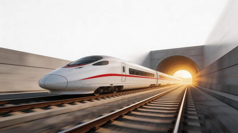 白色高铁列车驶出隧道沐浴阳光图片