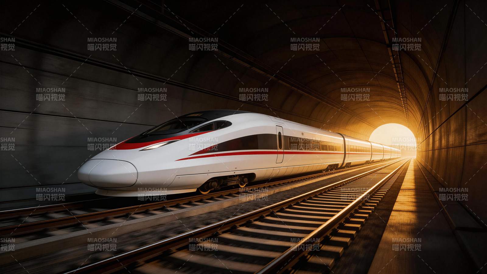 高速列车穿行隧道驶向光明出口图片