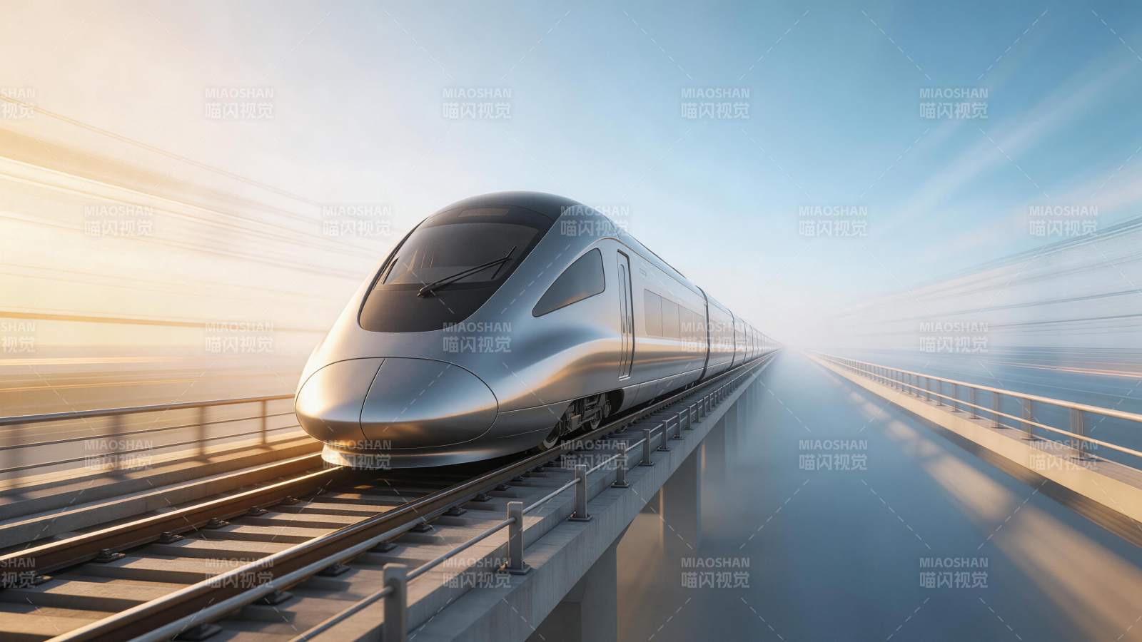 银色高速列车在高架轨道上疾驰穿雾图片