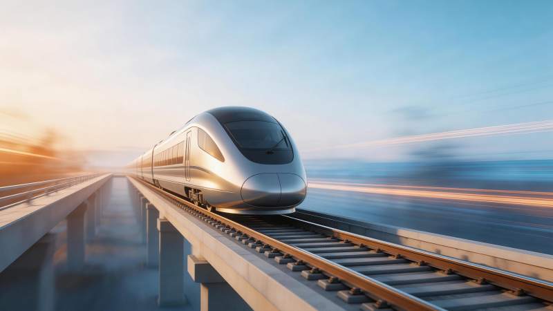 银色高速列车行驶在高架铁轨上图片