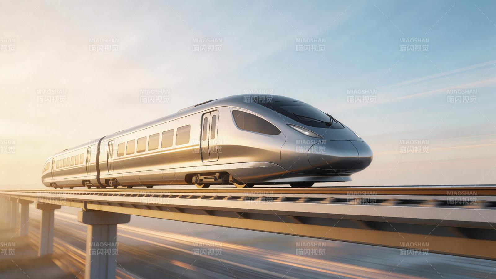 银色高速列车行驶在高架轨道上图片