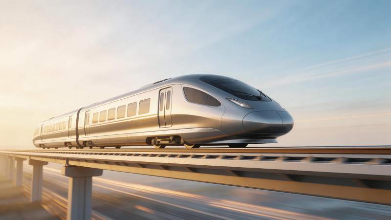 银色高速列车行驶在高架轨道上图片