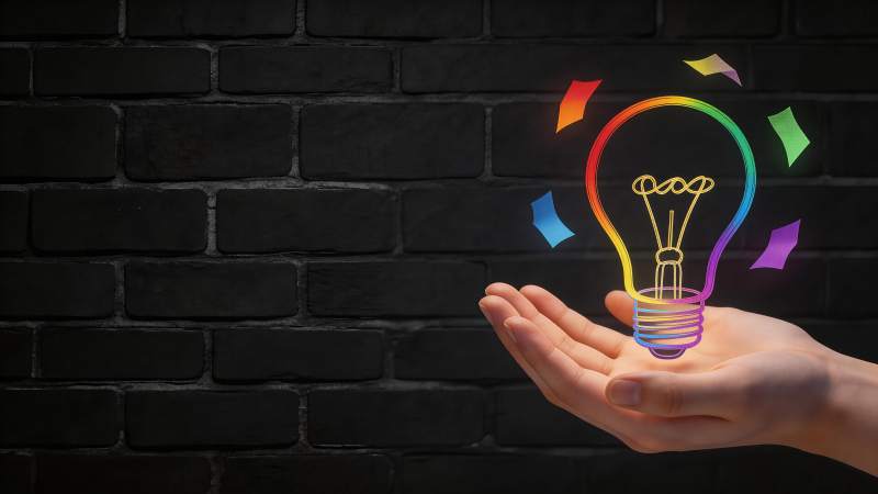 手掌托举彩虹灯泡创意图像图片