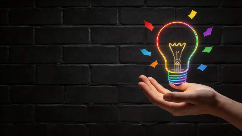 手掌托举彩虹发光灯泡与彩纸片图片