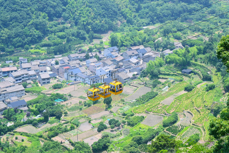 山间缆车掠过村落图片