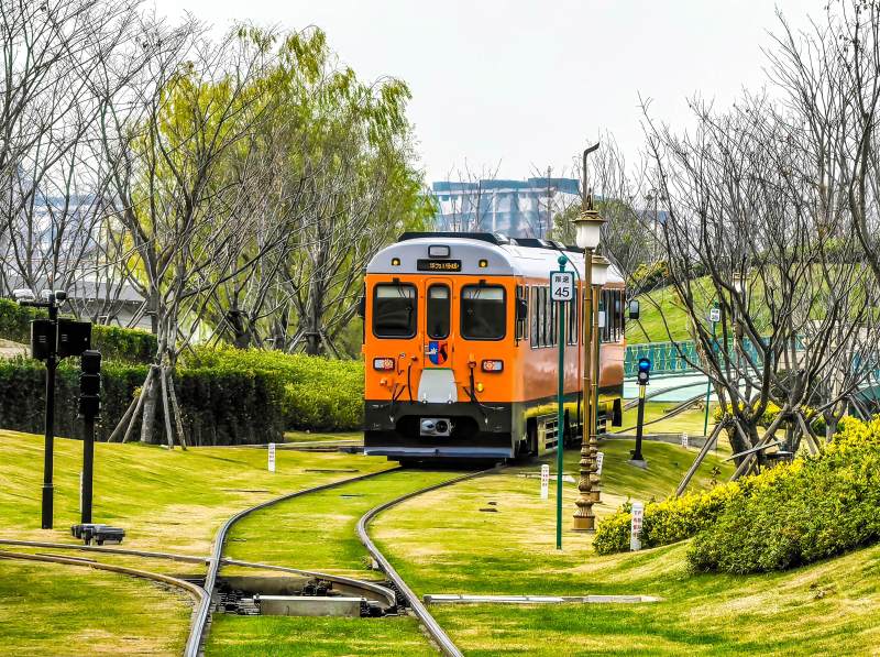 橙色电车穿行绿园图片