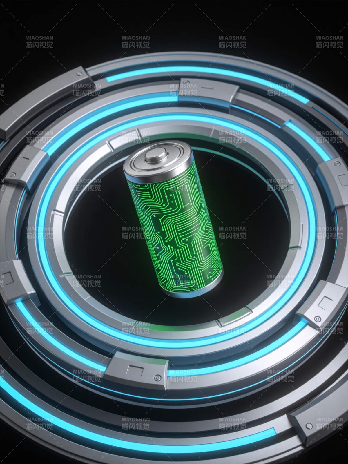绿色电路板电池置于发光环形科技装置中央图片