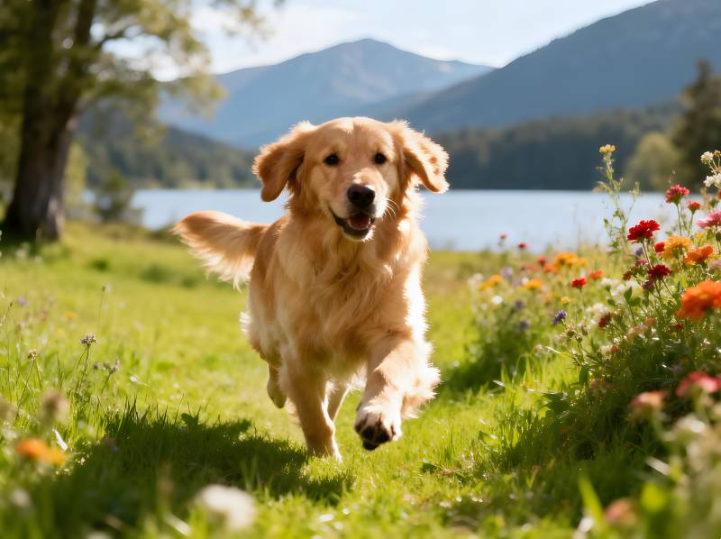 金毛奔跑在花丛中图片
