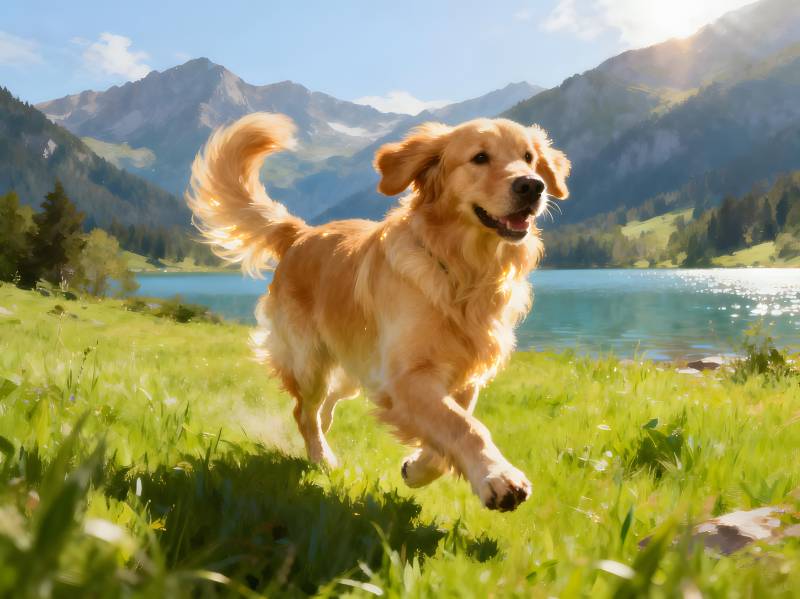 金毛奔跑湖畔山景图片