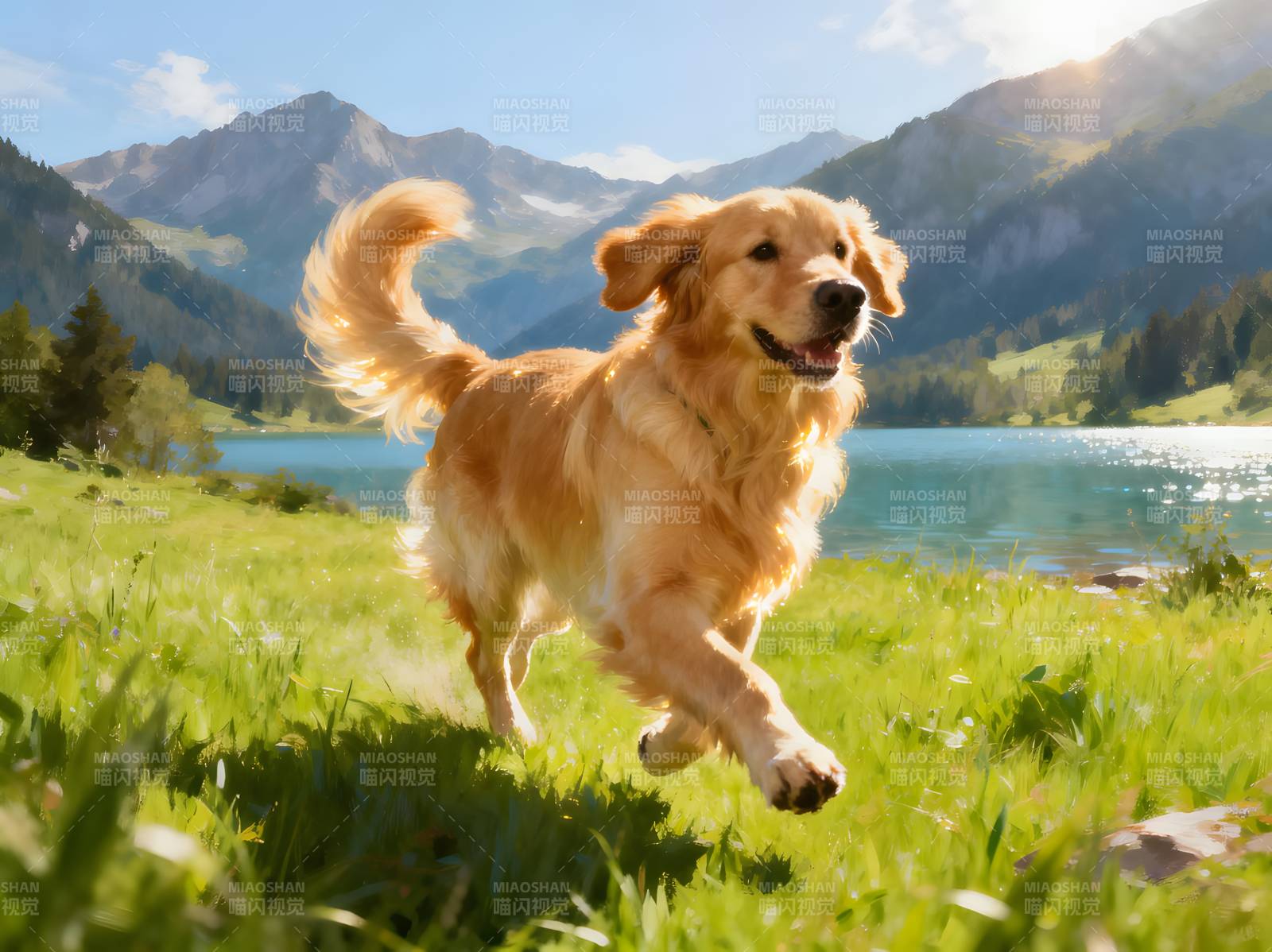 金毛奔跑湖畔山景图片