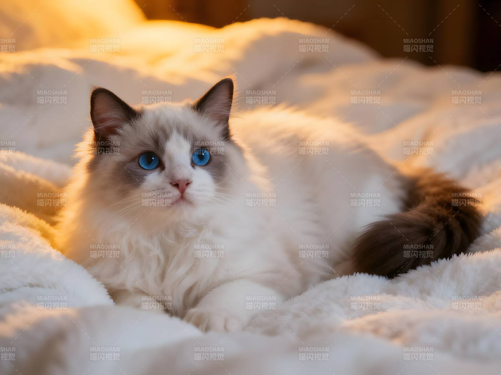 蓝眼白猫卧毯上图片