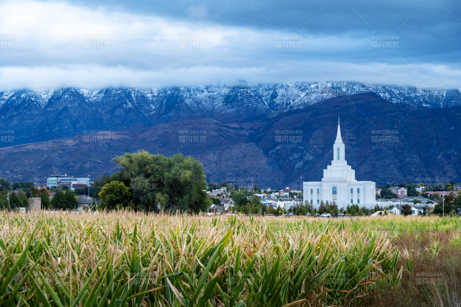 雪山下的白色教堂图片