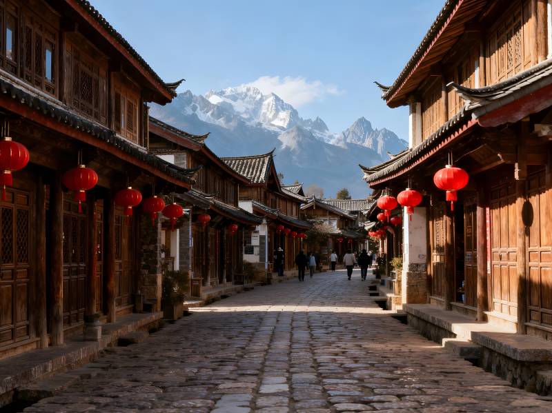 雪山下的古街图片