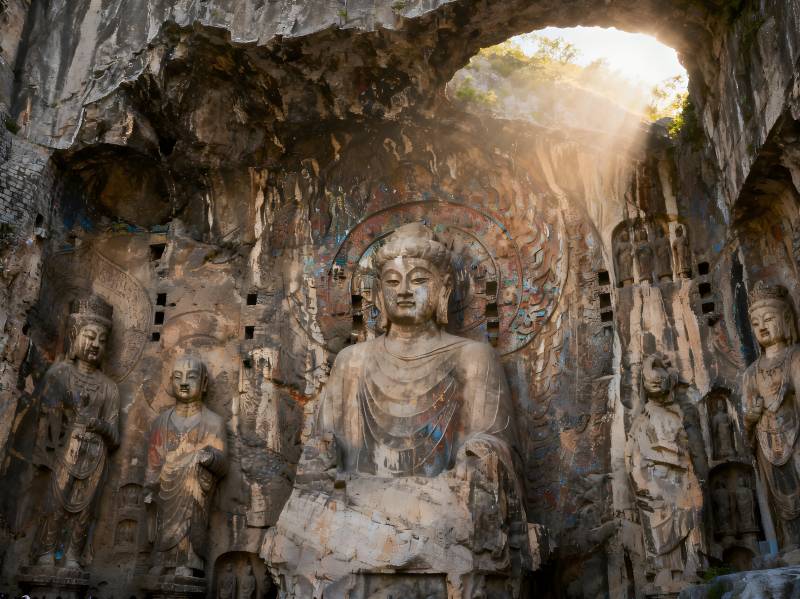 石窟佛像沐浴晨光图片