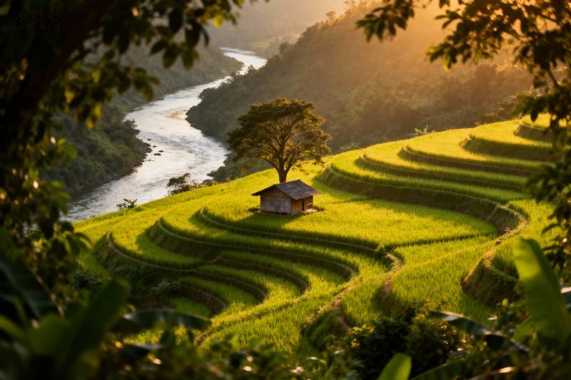 梯田晨光 小屋静谧图片