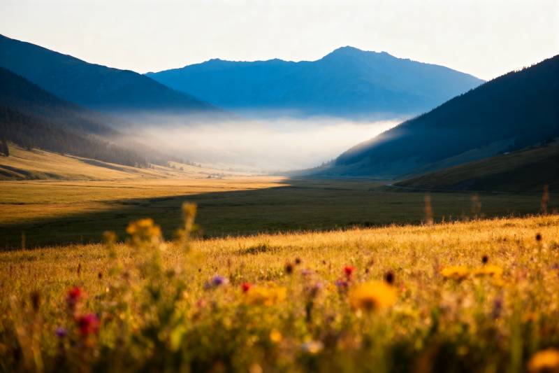 山间花海晨雾图片