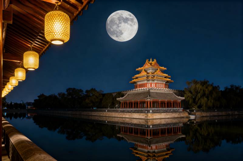 月下古亭倒影图片