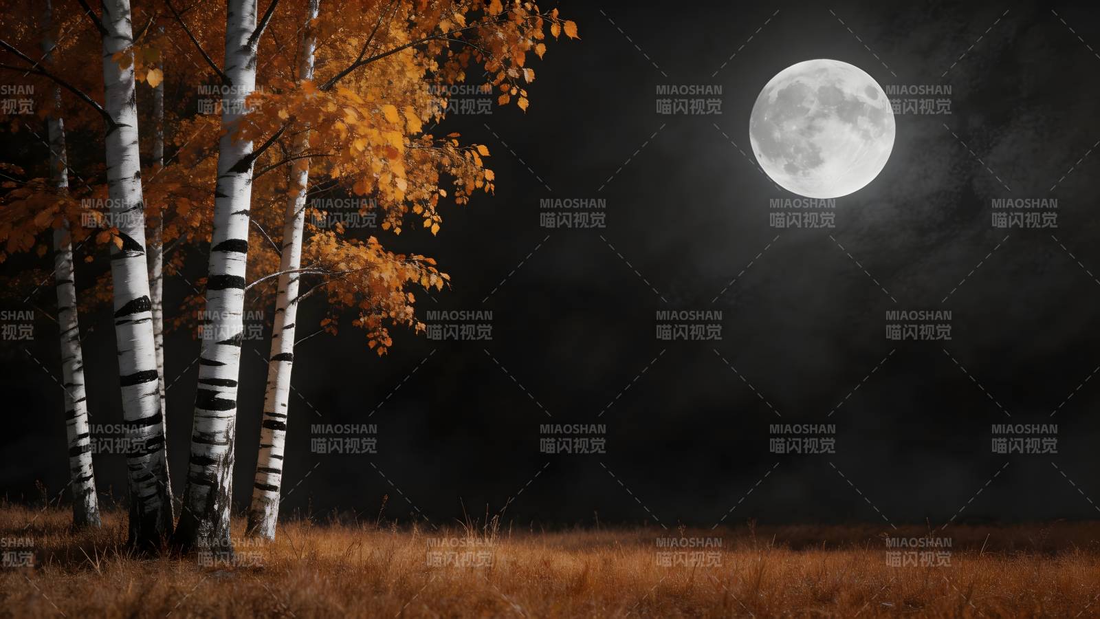 秋夜月照白桦林图片