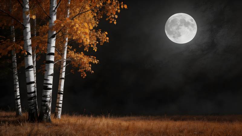 秋夜月照白桦林图片