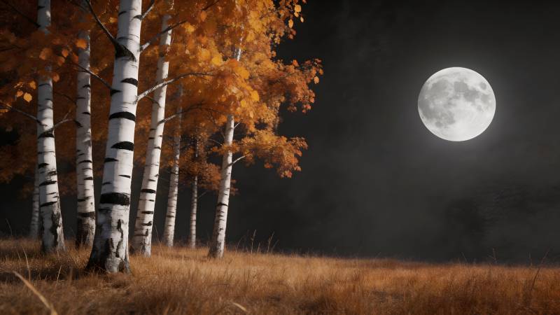 秋夜月照白桦林图片