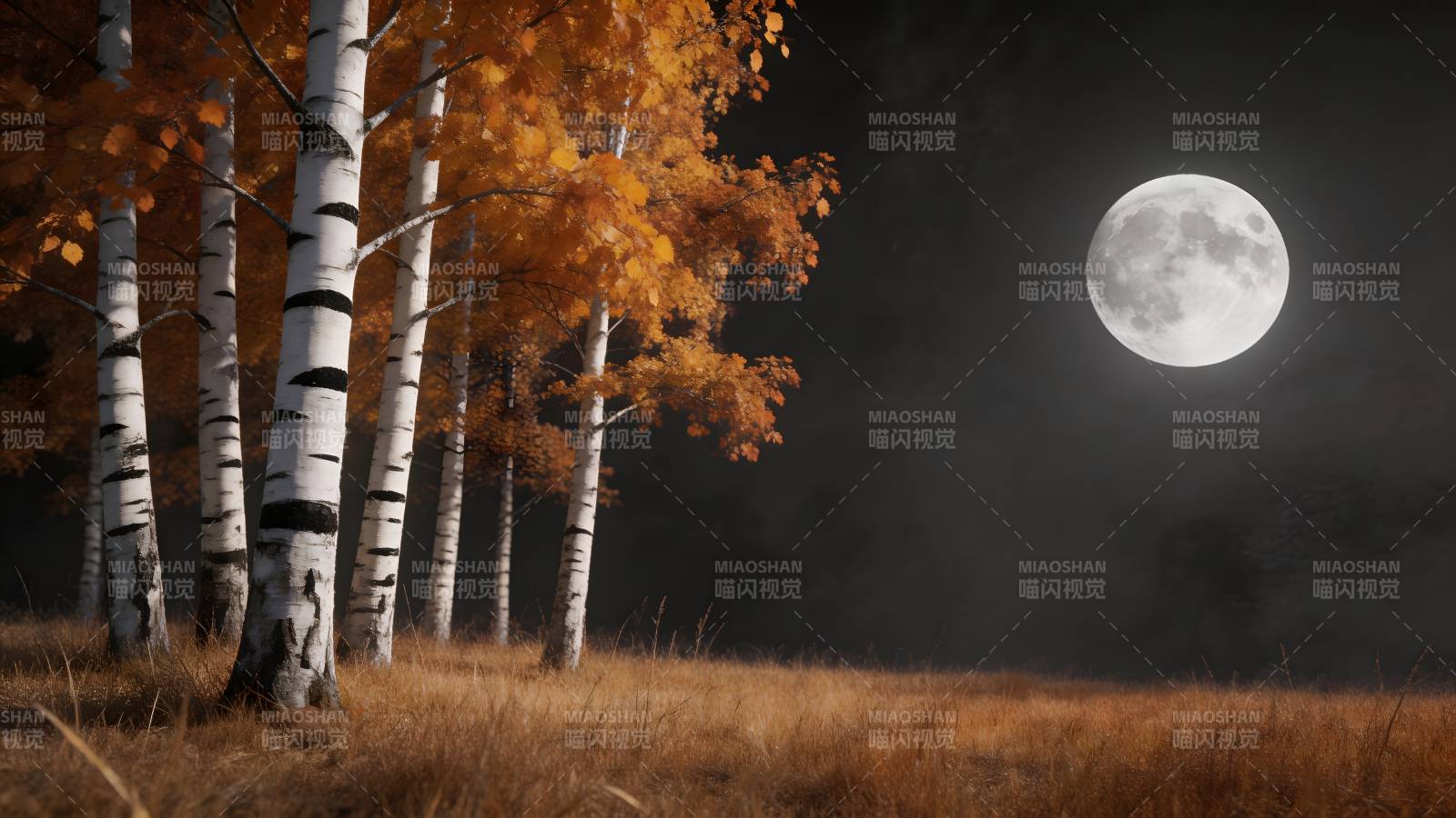 秋夜月照白桦林图片