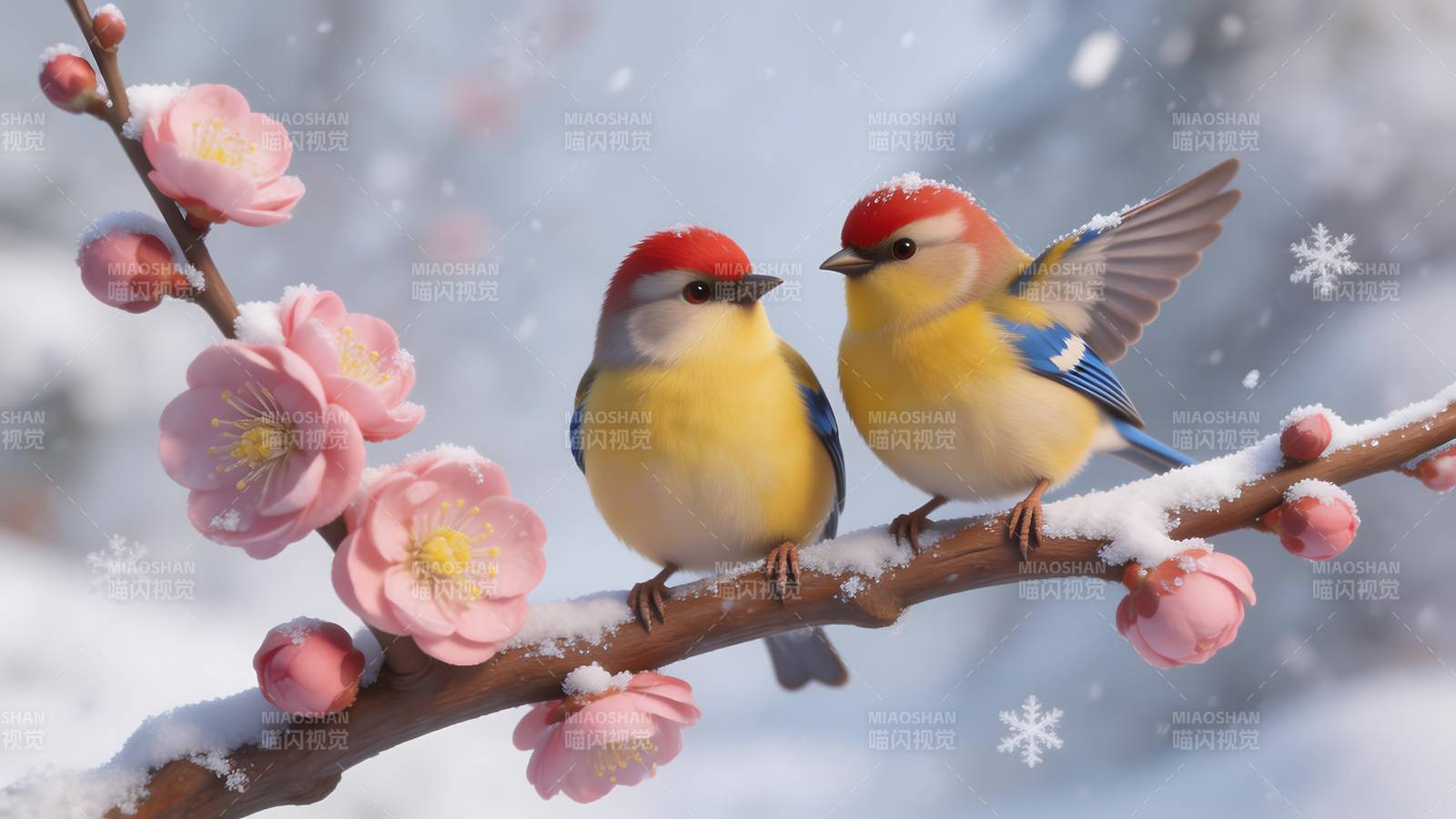 雪中花枝双鸟栖图片