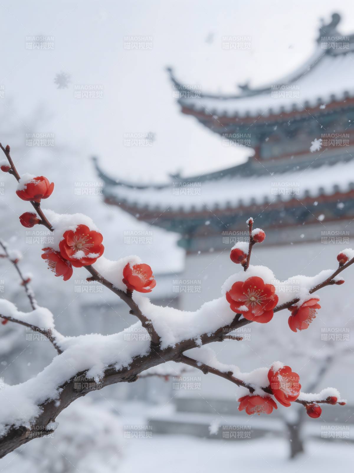 雪中红梅映古殿图片