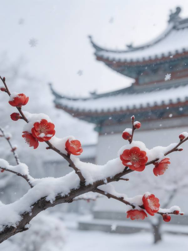 雪中红梅映古殿图片