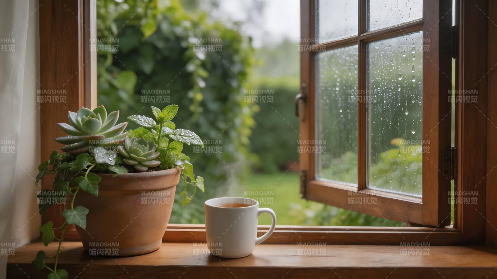 窗边绿植与咖啡图片