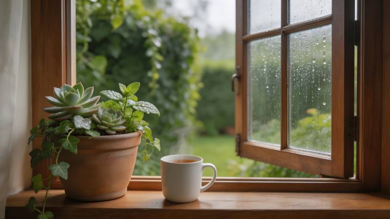 窗边绿植与咖啡图片