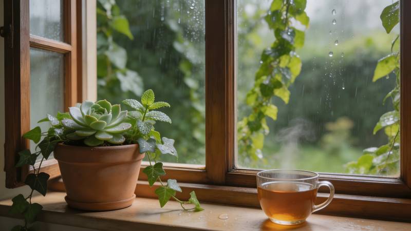 窗边茶香绿意浓图片