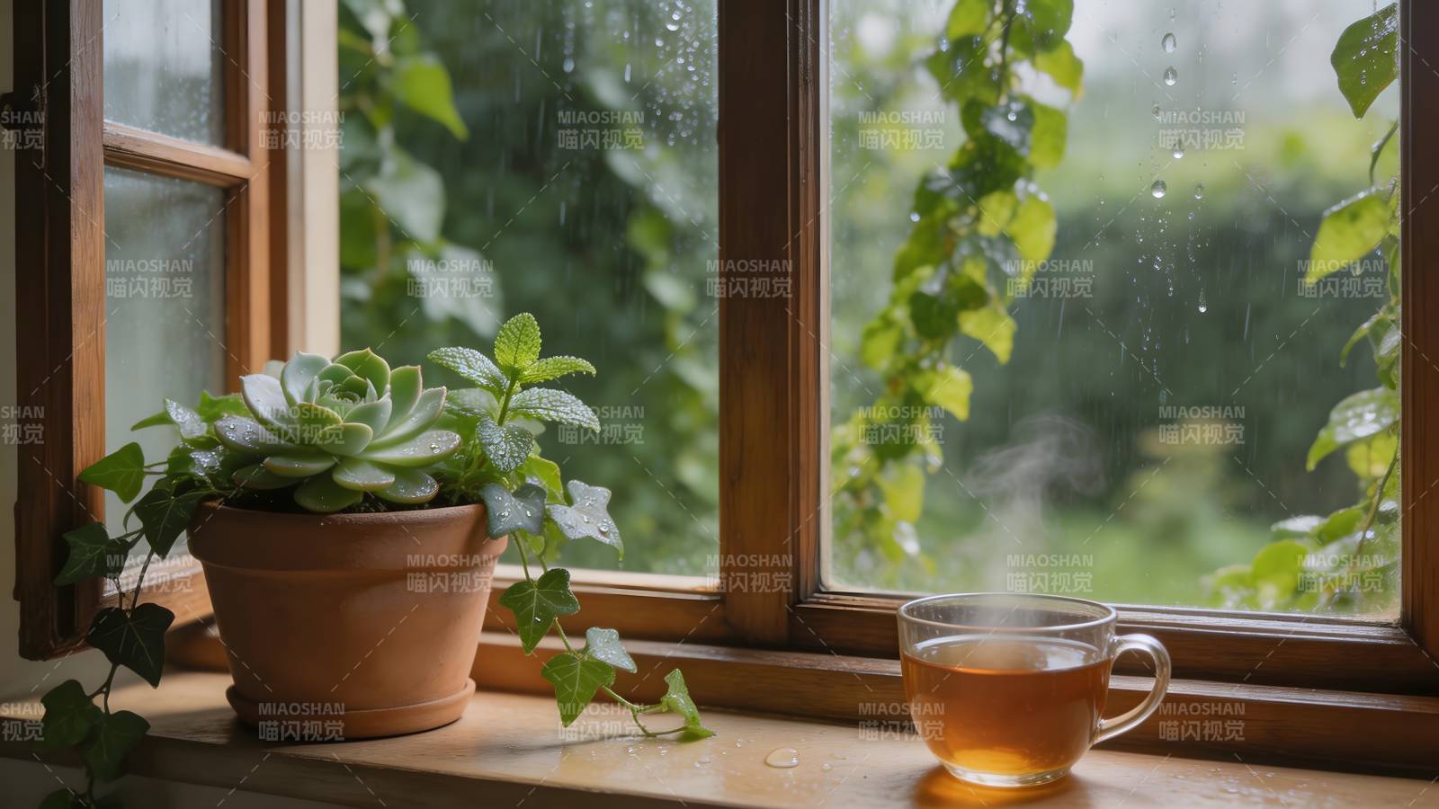 窗边茶香绿意浓图片