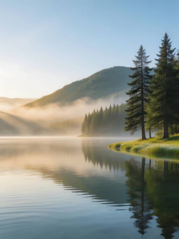 晨雾湖光山色图片