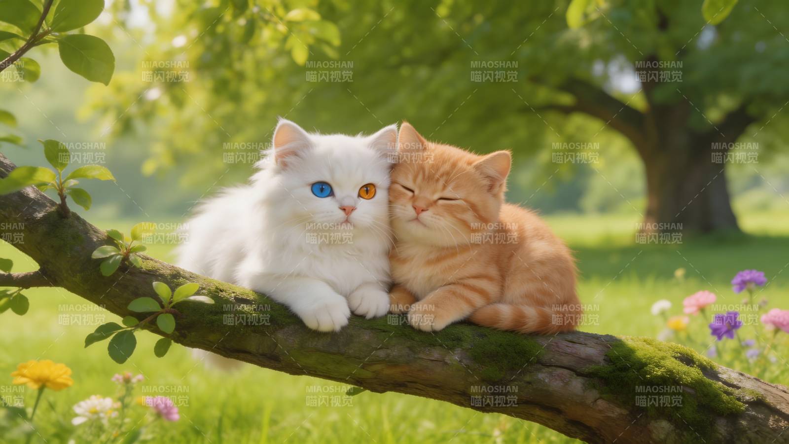 双猫树上依偎图片