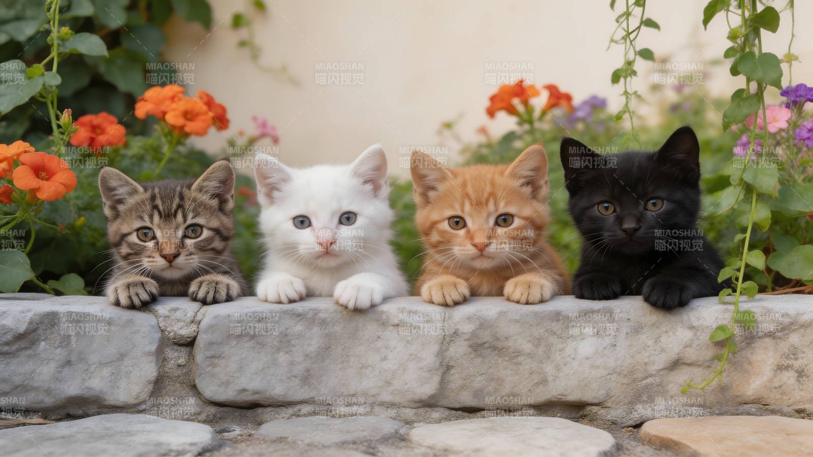 四只小猫墙边萌态图片