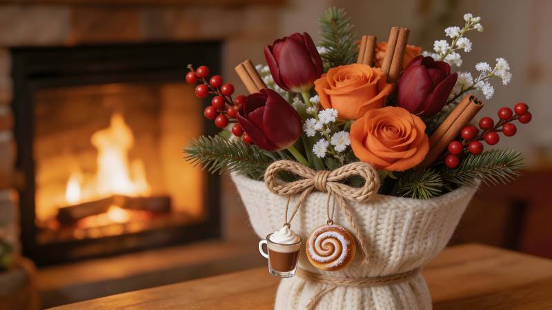 冬日花束暖炉旁图片