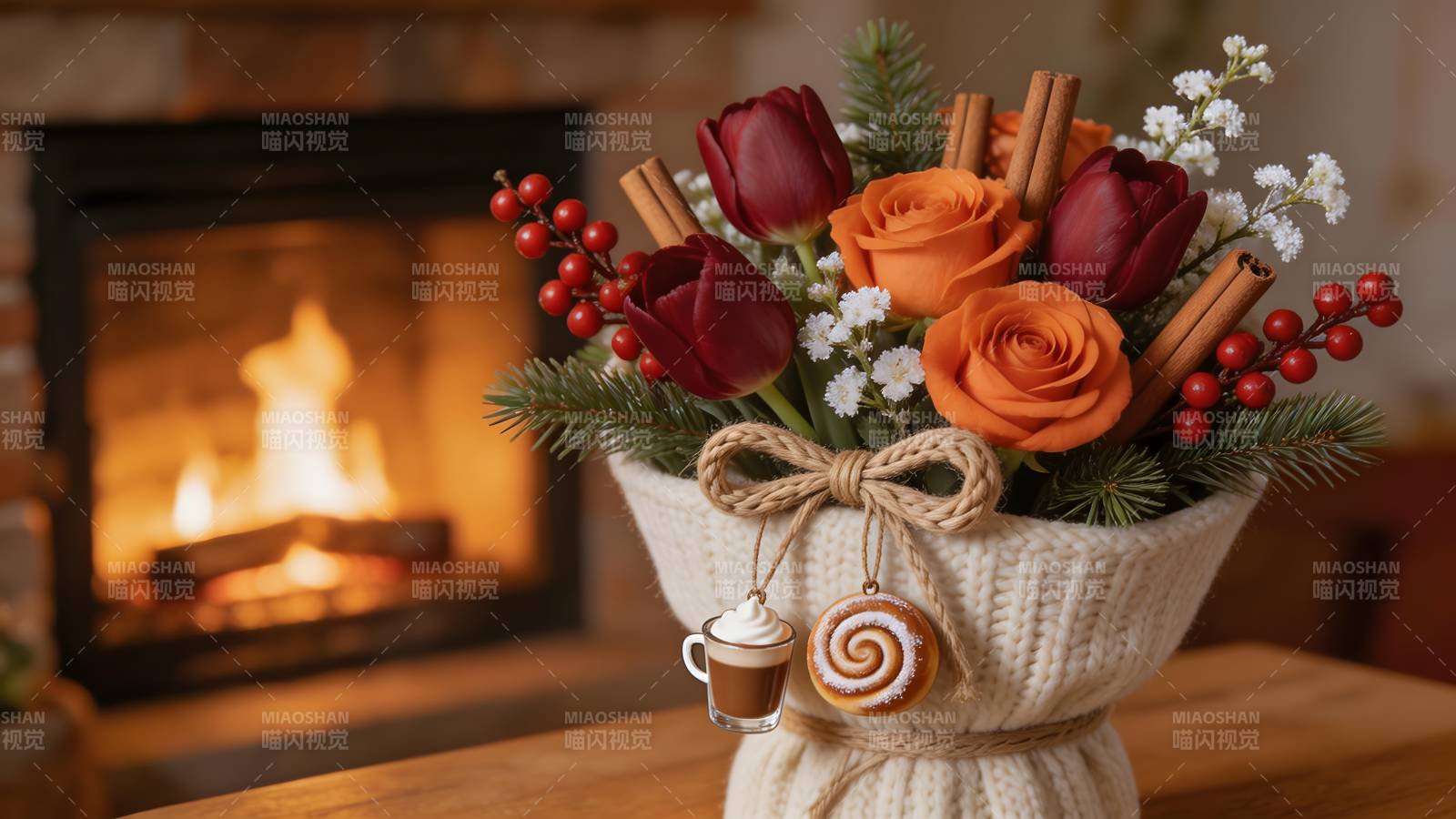 冬日花束暖炉旁图片